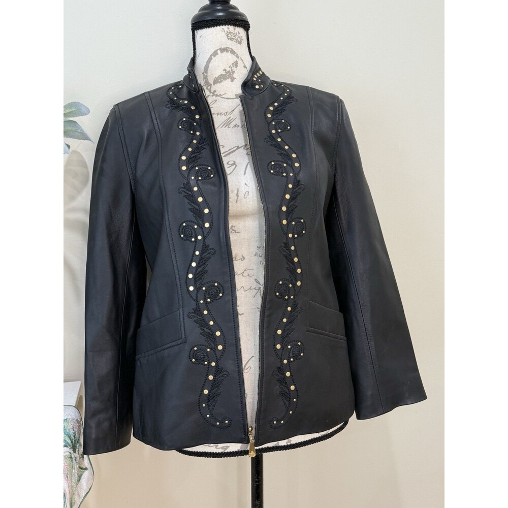 ST. JOHN Black Lamb Leather Gold Studded Embellished Jacket Sz Small Lined